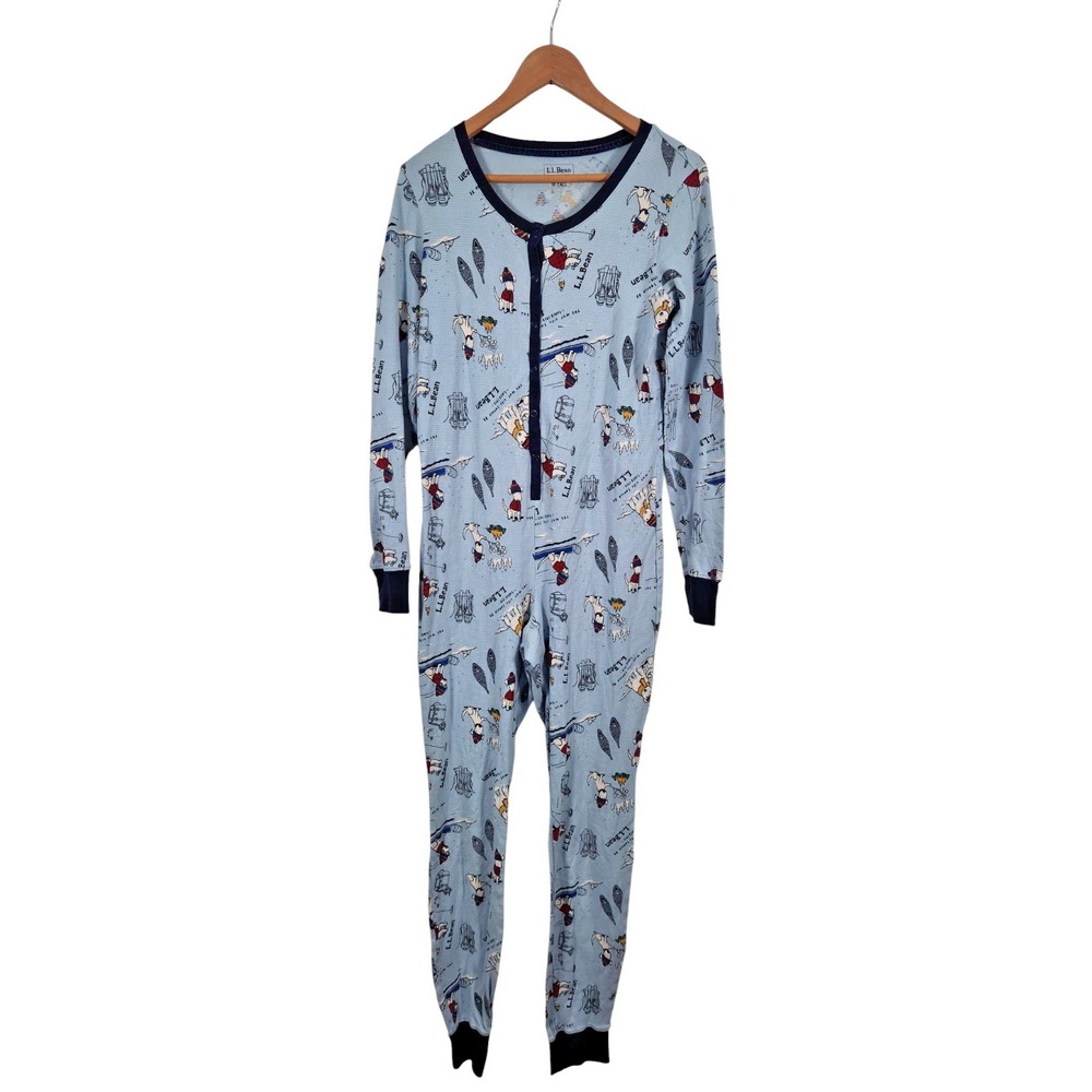 LL Bean Waffle Knit Union‎ Suit Pajamas Blue Winter Dog Print M Tall